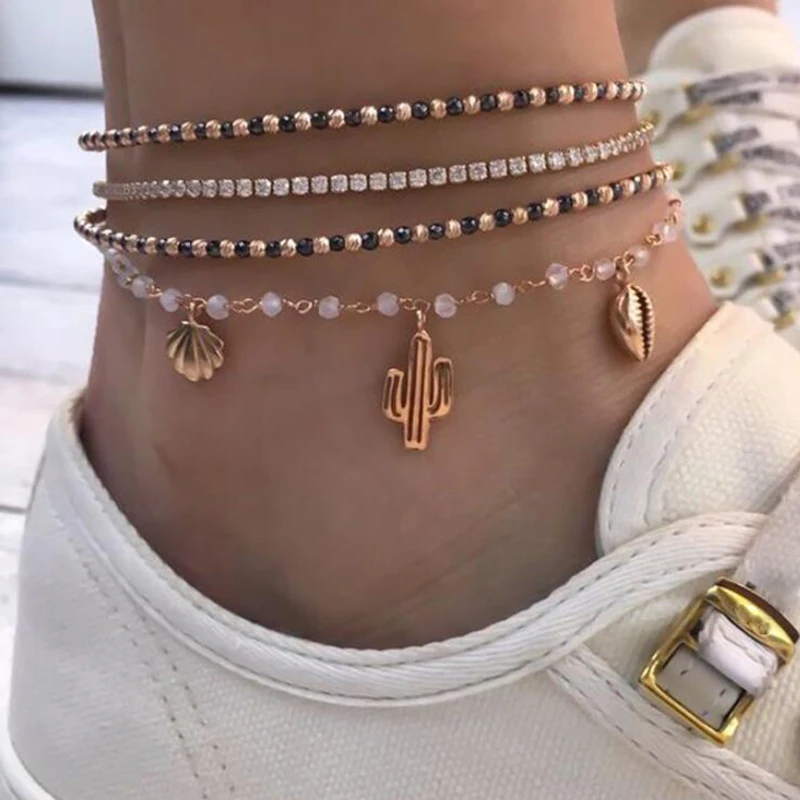 Tocona 4Pcs Bohemian Black Beads Gold Color Anklet Set Cactus Shell Woman Feet Bracelet Charm Beach Jewelry Accessories 8144 Tocona 4Pcs Bohemian Black Beads Gold Color Anklet Set Cactus Shell Woman Feet Bracelet Charm Beach Jewelry Accessories 8144