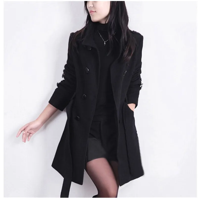 Black thicker Модное женское Шерстяное Пальто, женское кашемировое плотное пальто с отложным воротником, двубортное тонкое однотонное длинное пальто с поясом - Цвет: Black thicker