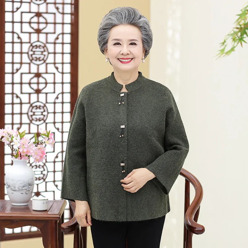 

Grandma-Autumn Clothing Woolen Jacket New Style Mom Casual Long-sleeved Upper Garment 60-70-Year-Old Elderly Spring And Autumn C