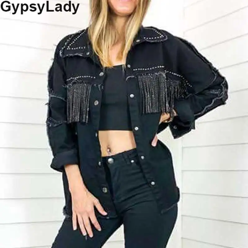 

GypsyLady Black Tassels Denim Jackets beaded Autumn Jacket Frayed trim Long Sleeve Oversize button front Women Coat Streetwear