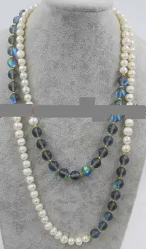 

7-8mm White Freshwater Pearl & Round 10mm Black Moonstone Gemstone Necklace 36''
