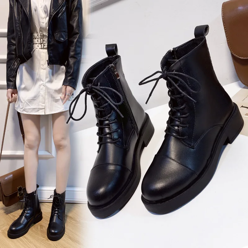 

Boots Women's Autumn & Winter New Style Flat Chunky-Heel Short Boots Side Zipper Martin Boots Black And White with Pattern Banda