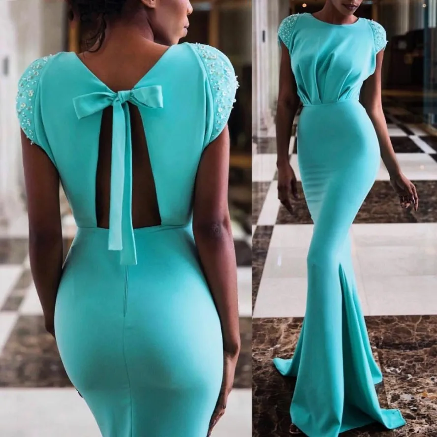 

Abiye Gece Elbisesi Mint Mermaid Evening Dress Party Cap Sleeves Beaded Open Back Sexy Formal Prom Gown Abendkleider 2020