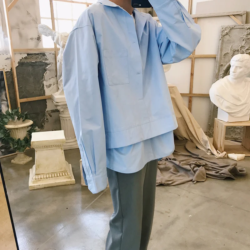 Long sleeve shirt Men long sleeve shirts tide design pullover shirt for male false two pieces folded tops loose autumn
