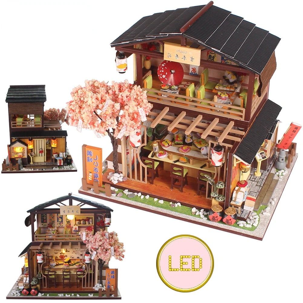DIY Wooden Dollhouse Japanese Sushi Bar Architecture House Model Villa Handmade Assembling SushiBar Ancient Relief Creative Gift | Игрушки и