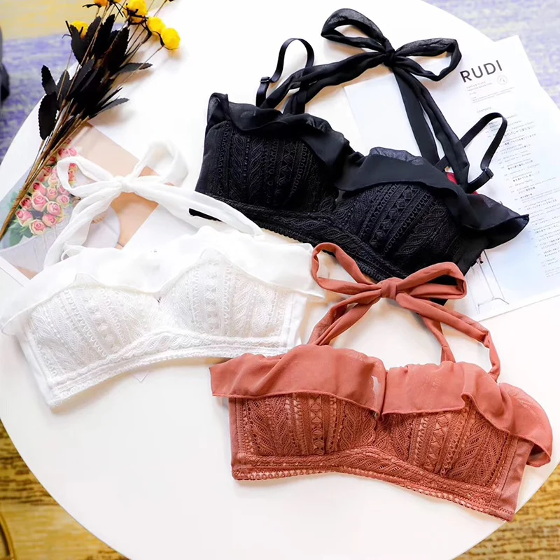 

hollow out new 1/2 cup lace dress halter underwear young ladies push up seamless lingerie suits small women bra and panty set