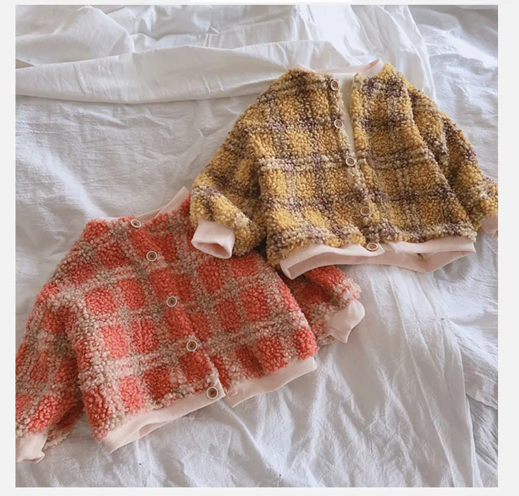 Toddler Girl Coats Winter Kids Casual Long Sleeve Single-breasted Plaid Cardigan Outwear Baby Thicken Velvet Jackets 2-7Yrs