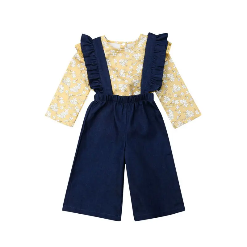 

New Autumn Child Kid Baby Girl Ruffle Tops Denim Suspender Long Pants Trousers 2Pcs Outfit Set