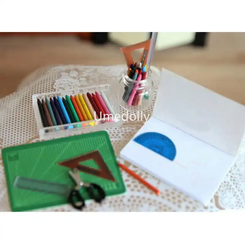 6pcs//set 1:12 Scale Dollhouse Miniature Cutting Mat Scissor Ruler Accessories Gj