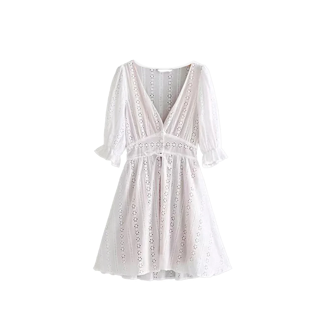 

Fashion Dress Women's New Hollow V-neck Holiday Beach Dress Five Sleeve Women Clothes Sexy Solid Color White Dress New Hot Sale