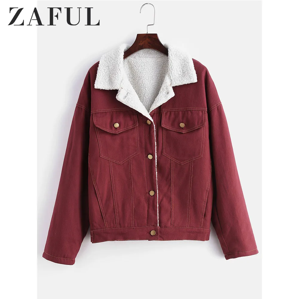 

ZAFUL Drop Shoulder Fleece Denim Jacket Drop Shoulder Pocket Lined Jean Jacket Women Single Breasted Vintage Coat Winter Autumn