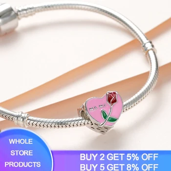 

YANHUI Silver 925 Bracelet With Pink Love Heart Shape Rose Flower Charms Bracelet DIY Silver 925 Jewelry Gift for Women HB013