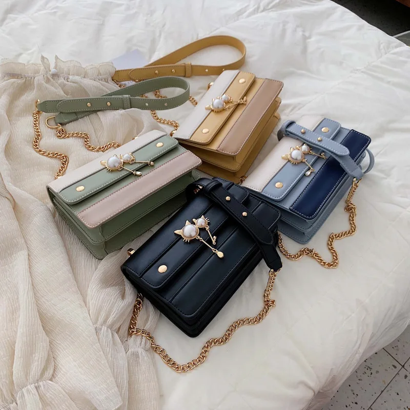

Physical Store Korean-style Square Sling Bag Women's 2019 New Style Contrast Color Pearl Lock Temperment Street Snap Chain Over-