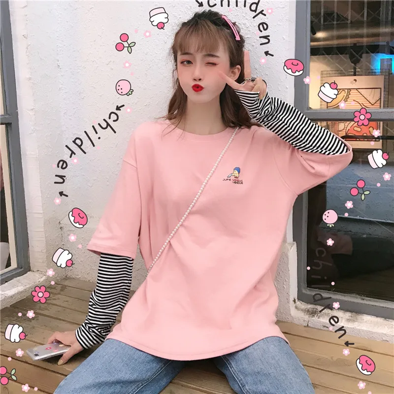 

Korean kawaii autumn T shirt Female Harajuku Ulzzang Oversize tshirt stripe Patchwork full Sleeve T-Shirts Women Casual pink top