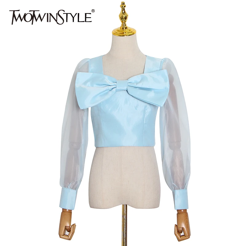 

TWOTWINSTYLE Splicing Bowknot Blouse For Women Square Collar Long Sleeve Chic Short Shirt Female Fashion New Clothing 2020 Tide