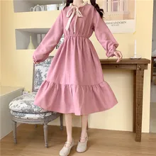 

Autumn Winter Women Dress Sweet girl Japan style Cute Vintage high waist Ruffles Lace-up Dress Female bing 2020 HOT