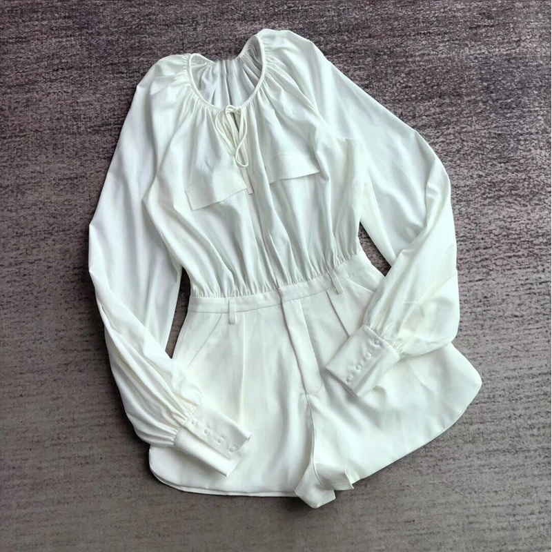 New Arrival High Quality Loose Solid Women Long Sleeve Playsuit High Waist Short Romper 2019 Fashion Female Jumpsuit with Sash