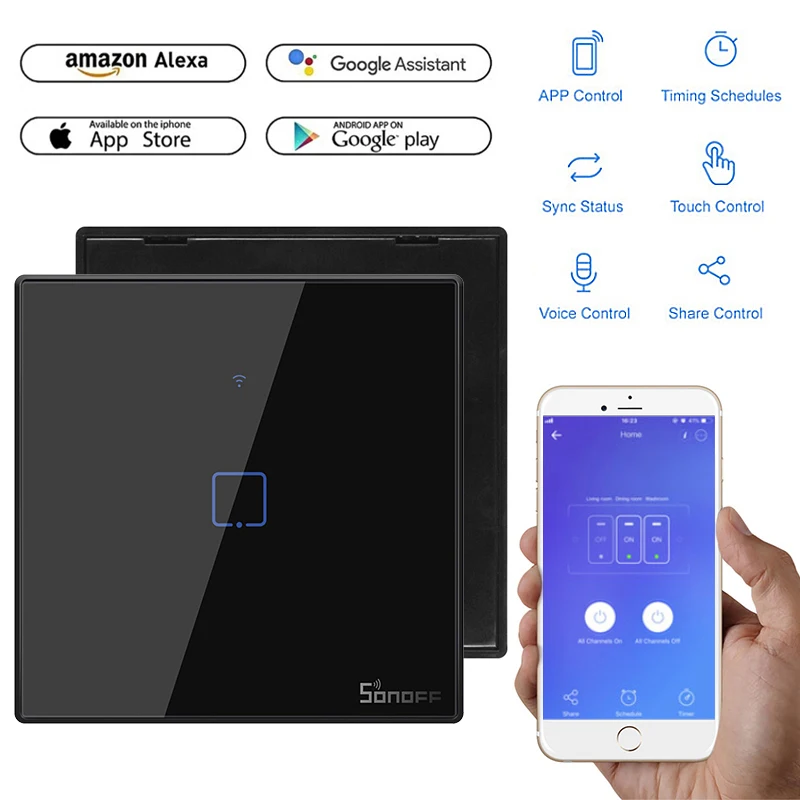 Смарт-коммутатор SONOFF T3 WiFi с 1 бандой(ЕС и Великобритания и США), работает с Amazon Alexa и Google Assistant, совместим с функцией IFTTT