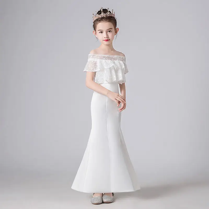 

High-end Girls Princess Dress Lace stitching Mermaid Children Pageant Catwalk Party Ruffles White Evening Dress Girls Vestidos