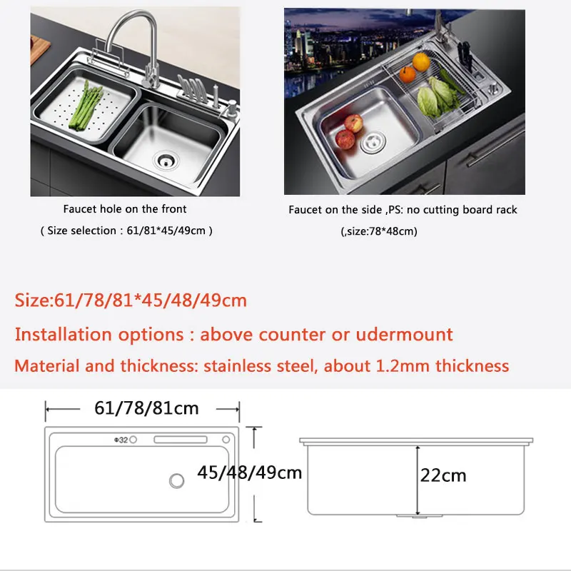 kitchen sink stainless steel With cutting board rack above counter or udermount single bowl sinks vegetable washing sink kitchen