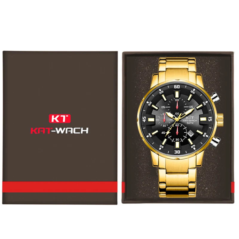 KAT-WACH Men Swim Wrist Watches 2022 Chronograph Men Sports Watch For Male Clock Golden Multifunction Men Watch 50M Waterproof 