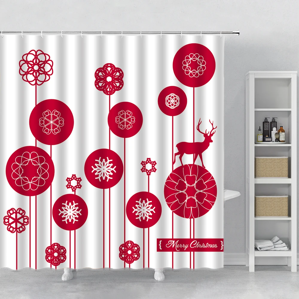 

Red Christmas Elk Shower Curtain Color Rope Ball Santa Claus Bathroom Waterproof Bath Curtains With Hooks New Year Decor Gift