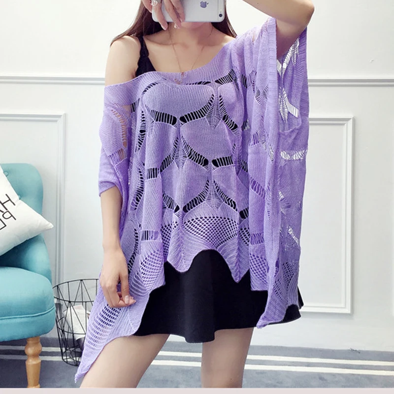 Spring and summer women's pullovers loose large size heart bat sleeve cuffs knit sweater thin hollow out clothing 7528 | Женская