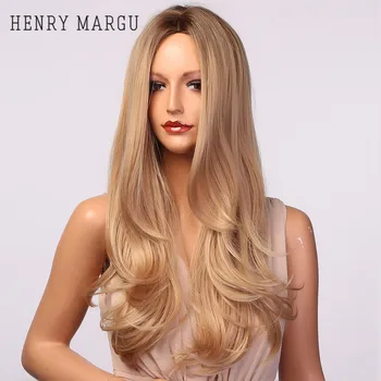 

HENRY MARGU Long Wavy Synthetic Wigs Dark Root Ombre Blonde Natural Hair Wigs For Women Glueless Middle Part Wigs Heat Resistant