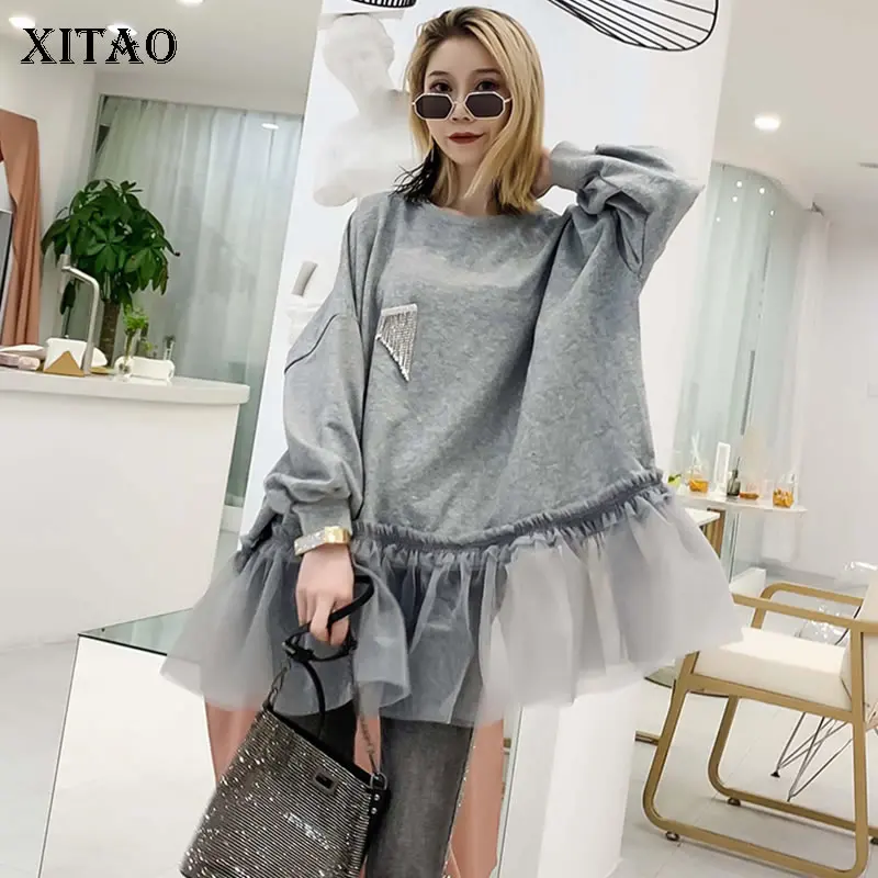 

XITAO Tide Patchwork Mesh Pleated Sweatshirt Diamonds Women Clothes 2019 Elegant Fashion Pullover Top Autumn Korean WQR1548