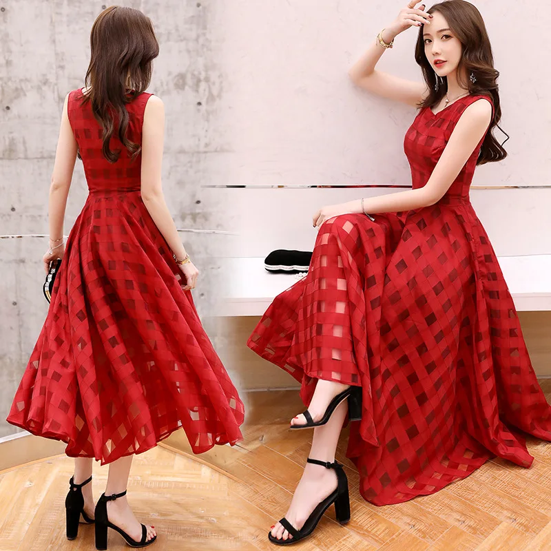 

Dress Women's 2019 Summer Wear New Style WOMEN'S Sleeveless Dress Mid-length Elegant Debutante Lace Long Skirts Waist Hugging