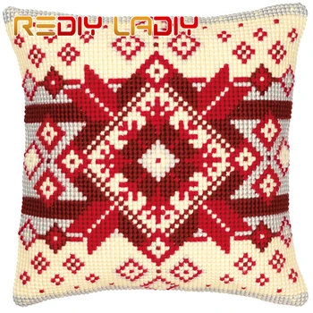 

Cross Stitch Cushion Red Rosette Make Your Own Pillow DIY Chunky Cross Stitch Kits Pre-Printed Canvas Acrylic Yarn Pillow Case