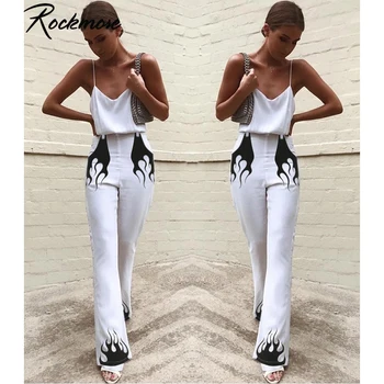 

Rockmore Gothic Flare Pants Women Fire Flame Print Boot Cut High Waist Trousers Pockets Streetwear White Harajuku Joggers Femme