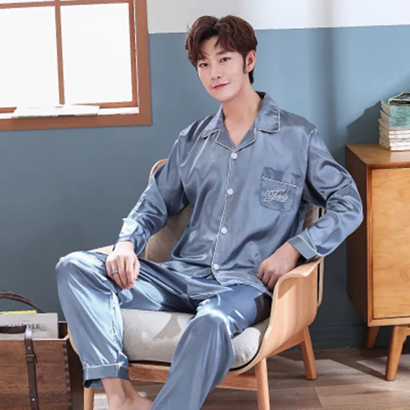 Men's Stain Silk Pajama Set Long T-shirt & Long Pants Elastic Waist Men Pajamas Fit All Season Leisure Home Clothes Men's Stain Silk Pajama Set Long T-shirt & Long Pants Elastic Waist Men Pajamas Fit All Season Leisure Home Clothes