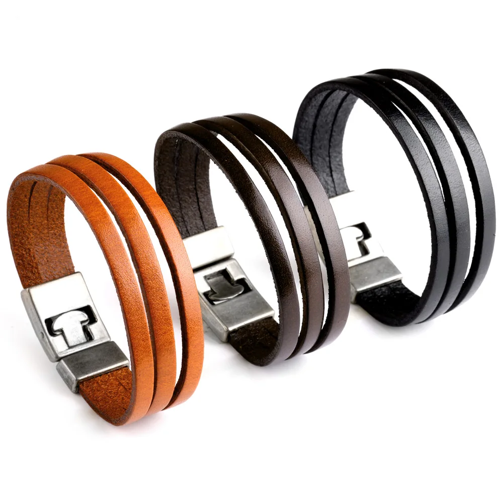 Classic Style Three Layer Genuine Leather Bracelets For Men Women