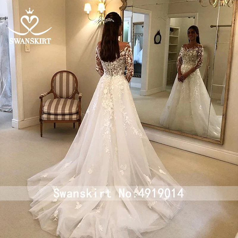 Vestido de Noiva, свадебное платье с аппликацией,, шикарная юбка, винтажная принцесса, а-силуэт, с рукавом, со шлейфом, цветы, платье невесты, WY10