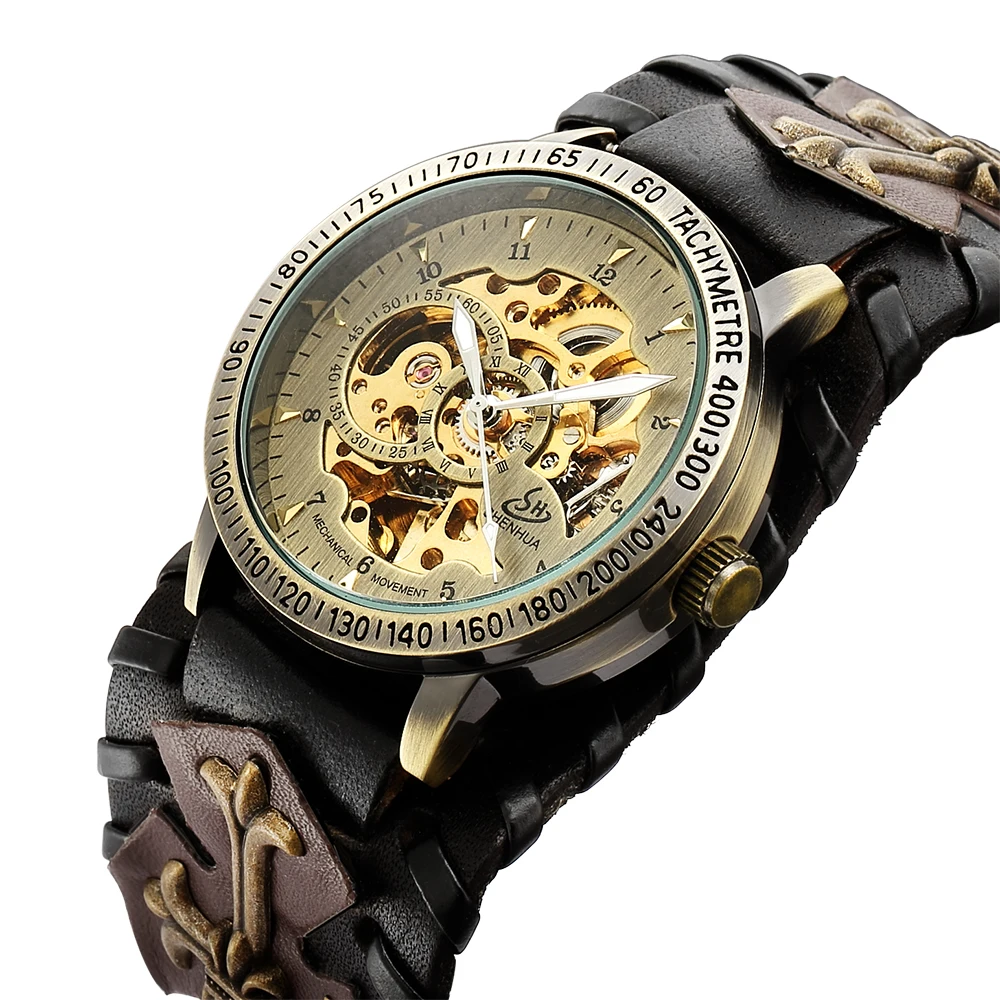 

Cusual Bronze Male Clock Automatic Mechanical Watch Steampunk Watches for Men Gift Leather Strap Relogio Masculino Wristwatch