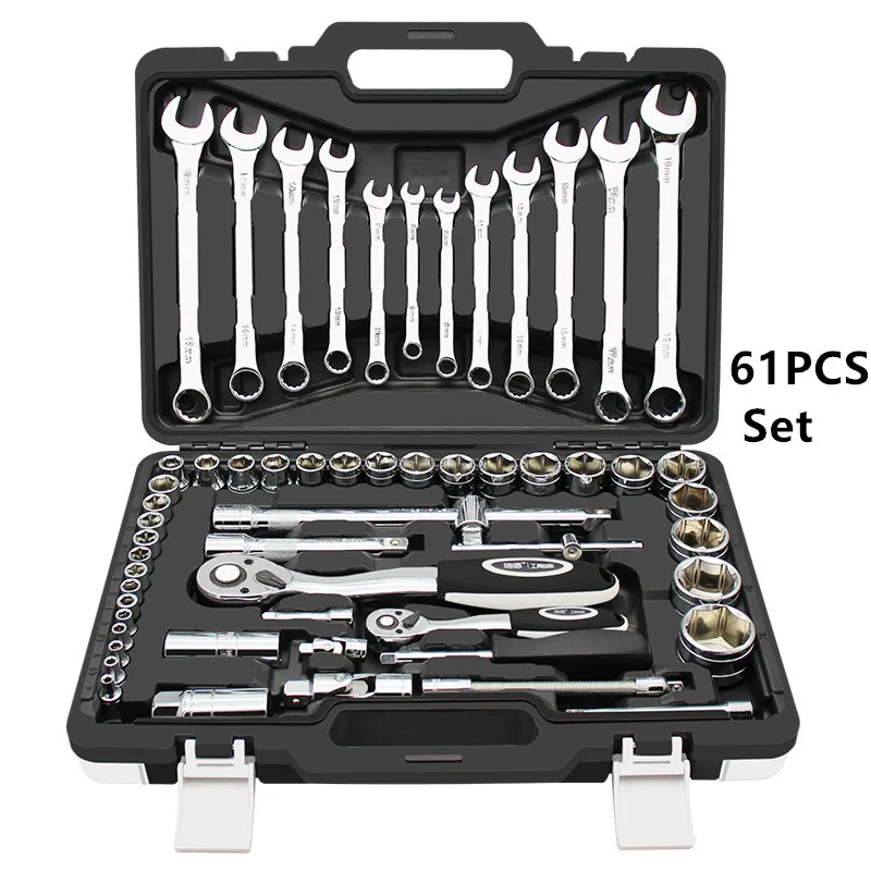 61PCS Set HS инструменты 94 шт. наборы ручных инструментов трещотка гаечный ключ динамометрический ключ Набор торцевых головок Профессиональный ящик для ремонта автомобиля наборы инструментов механические инструменты - Цвет: 61PCS Set