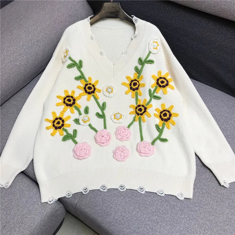 Luxury Designer Brand Pullovers for Women Vintage V Neck Crochet Flowers Hole Loose Knitted Sweater | Женская одежда