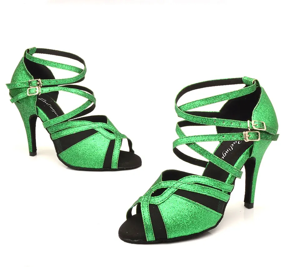 Ladingwu/Обувь для латинских танцев; Женская Профессиональная обувь для сальсы; женская Обувь для бальных танцев; обувь с мягкой подошвой; зеленая блестящая ткань