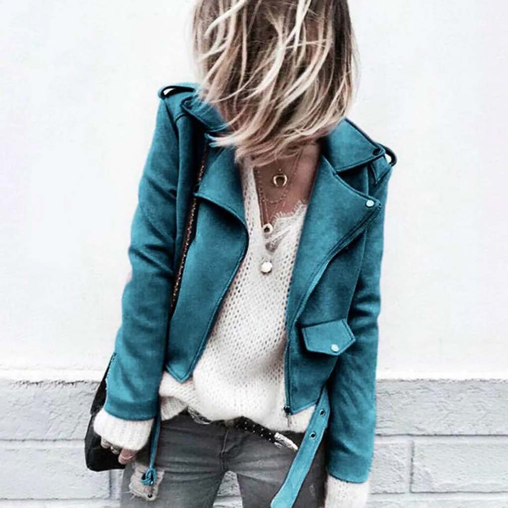 

Solid Bomber Jacket Women Full Faux Suede Slim Zipper Retro Coat 2019 Long Sleeve Basic Plus Size Short Cool Motorcycle Jacket