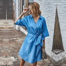 

Casual Denim Bandage Dresses for Women Loose Button Turn Down Collar Half Sleeve Solid Color Streetwear Autumn Women Clothing