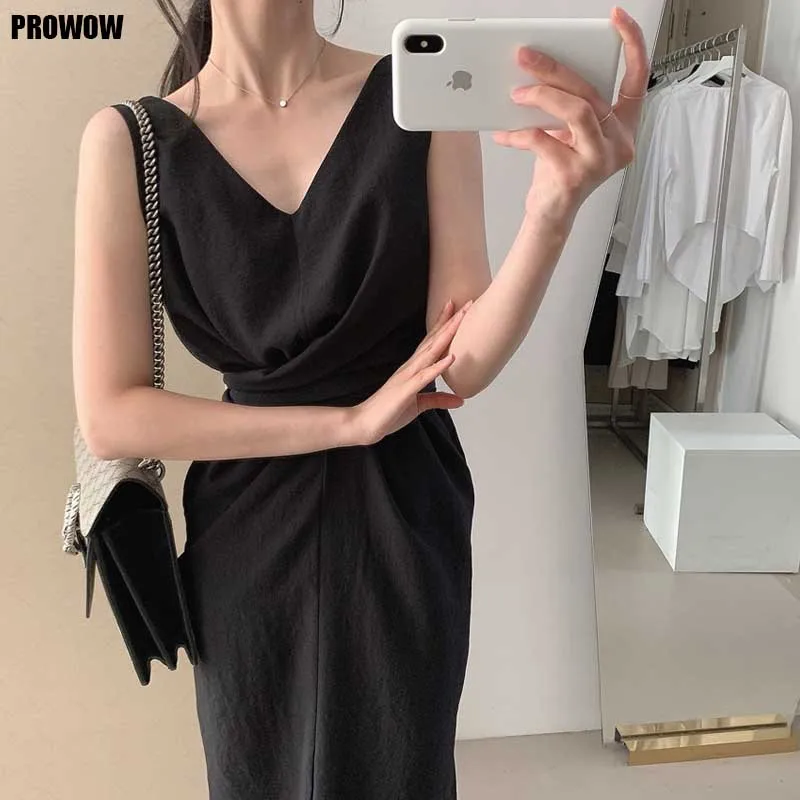 Retro V-Neck Sleeveless Cross Straps Waist Slim Fit Dresses Ladies Summer New Elegant Korean Chic Office Dress Women Dress 2020