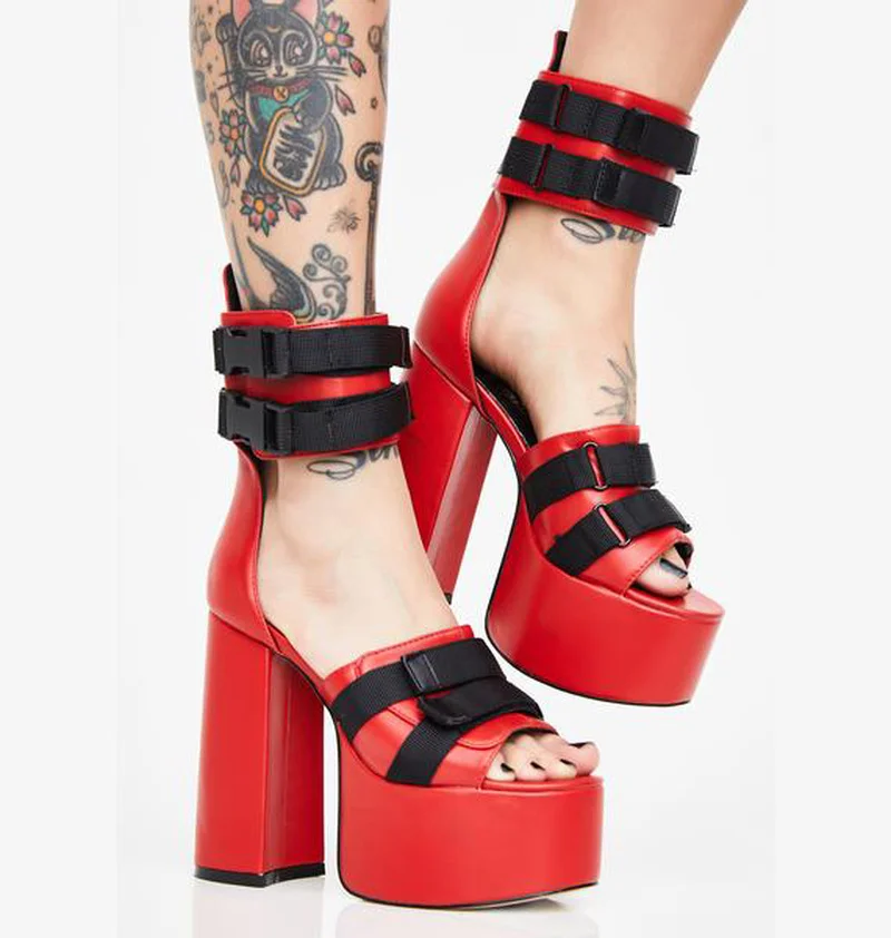 

Womens Ankle Belt Buckle Sandals Platform Block High Heel Roman Cut Out Shoes Pumps Gladiator Black Red Plus Size C526