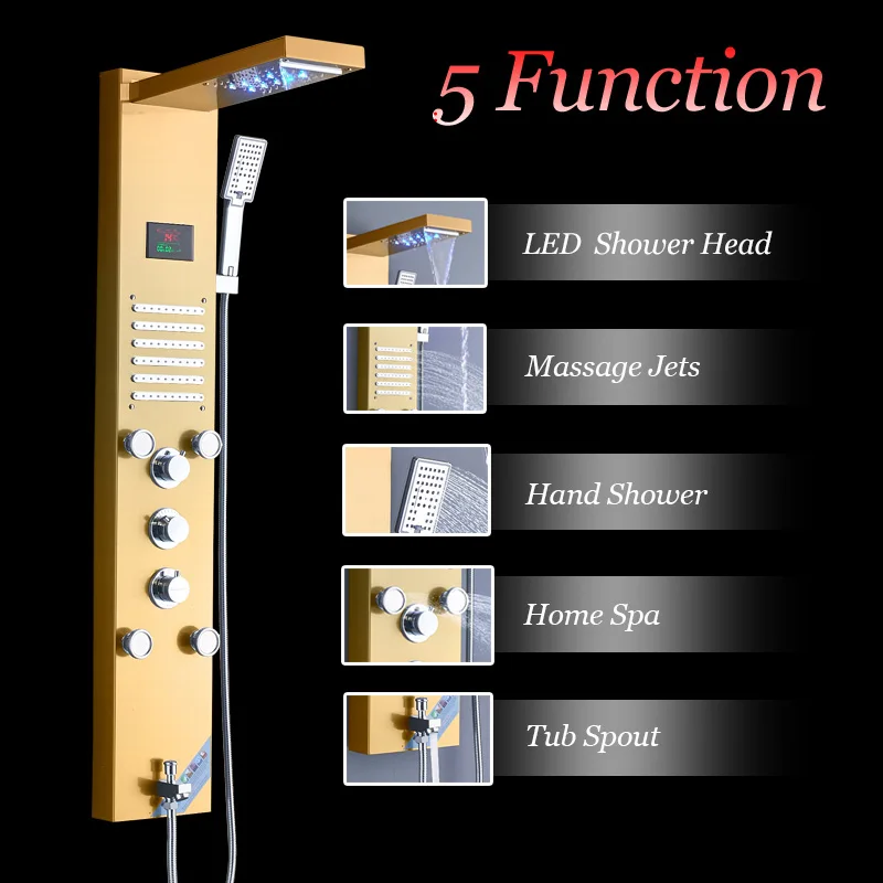 ULGKSD светодиодный Водопад, дождевая душевая панель, смеситель для ванной, массажные струи, ванна, душевая колонка, смеситель, Para Bar, Ванна - Цвет: Gold C
