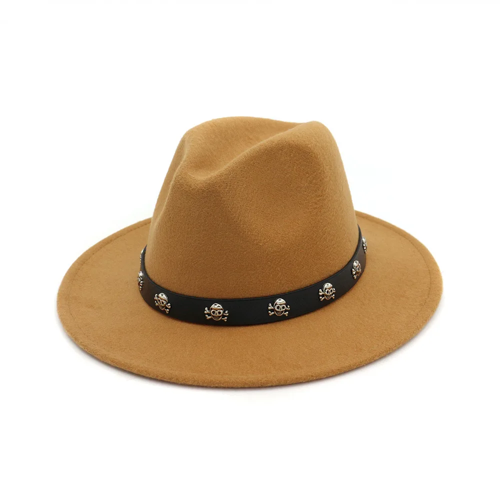 Light Coffee Мужская и Женская шерстяная шляпа Fedora с черепом заклепки кожа широкая шляпа Панама джазовая, шляпа - Цвет: Light Coffee