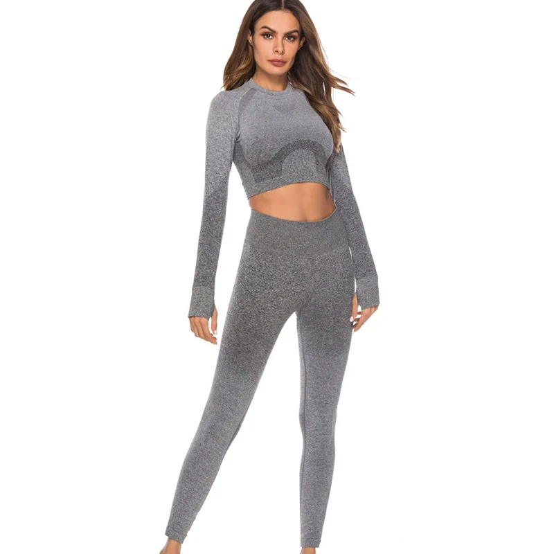 Gray set Комплект из 2 предметов для йоги с эффектом омбре, бесшовные женские спортивные костюмы, топ с длинными рукавами для фитнеса, осенняя одежда для тренировок, леггинсы - Цвет: Gray set