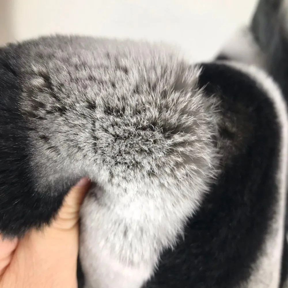 YZ Future Natural Rex Rabbit Fur Coat Long Sleeve Chinchilla Color Fur Long Jackets Striped Pattern with Big Collar Warm coat