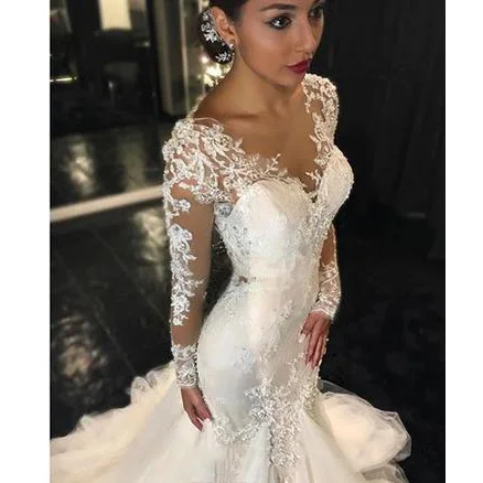Gorgeous Lace Mermaid Wedding Dresses African Arabic Style Petite Long Sleeves Fishtail Bridal Gowns Plus Size 2