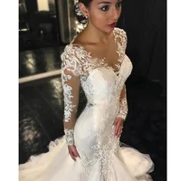 Gorgeous Lace Mermaid Wedding Dresses African Arabic Style Petite Long Sleeves Fishtail Bridal Gowns Plus Size 2