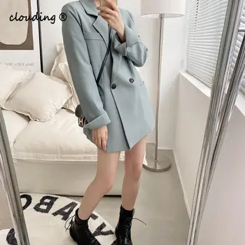 

Autumn Solid Color Elegant Blue Blazer Women Jacket Women's Korean Style Loose V-Neck Long Sleeve Cardigan